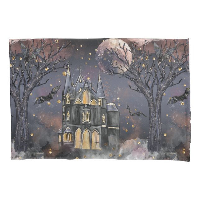 Haunted House | Spooky Full Moon Tree and Bats Pillow Case (Front)