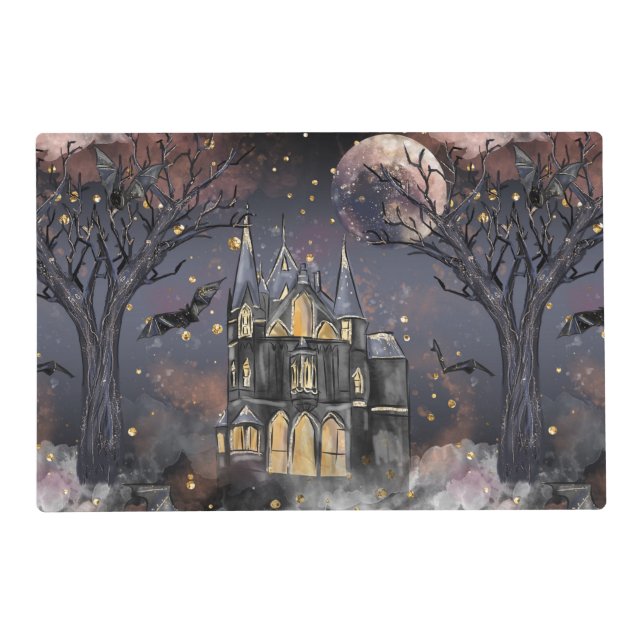 Haunted House | Spooky Full Moon Tree and Bats Placemat (Front)