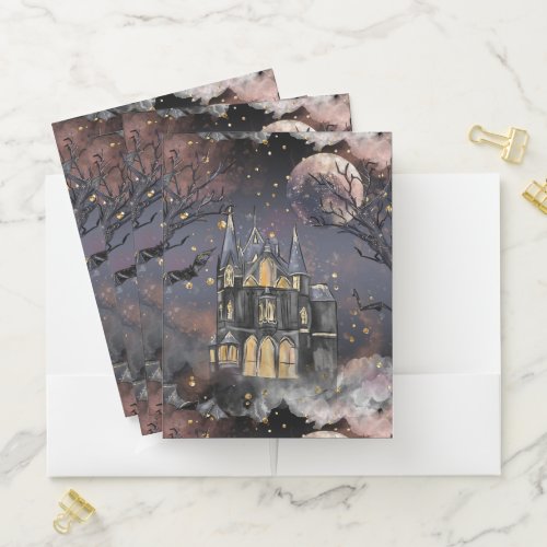 Haunted House  Spooky Full Moon Tree and Bats Pocket Folder