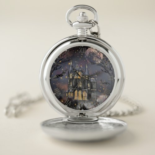 Haunted House  Spooky Full Moon Tree and Bats Pocket Watch