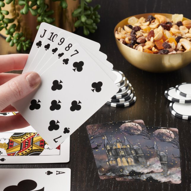 Haunted House | Spooky Full Moon Tree and Bats Poker Cards (In Situ)