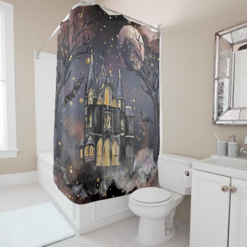 Haunted House  Spooky Full Moon Tree and Bats Shower Curtain