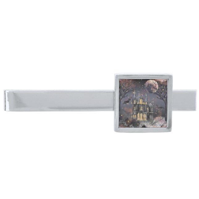 Haunted House | Spooky Full Moon Tree and Bats Silver Finish Tie Bar (Front)