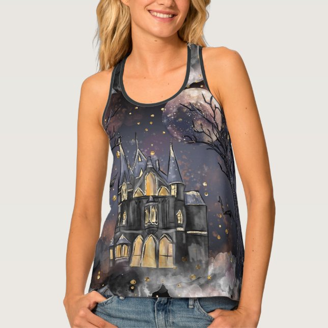 Haunted House | Spooky Full Moon Tree and Bats Tank Top (Front)