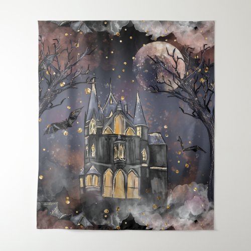 Haunted House  Spooky Full Moon Tree and Bats Tapestry