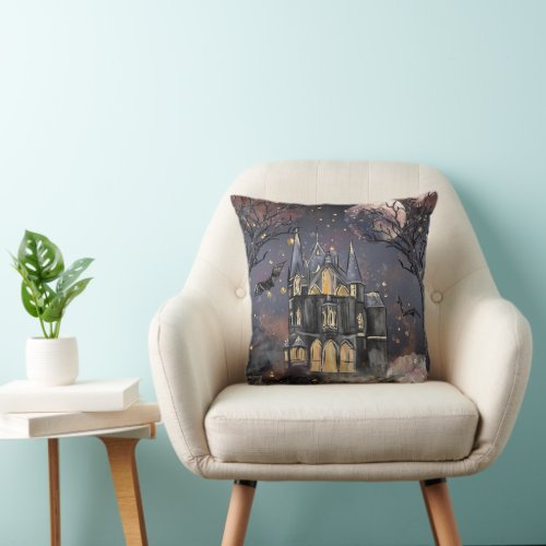Haunted House  Spooky Full Moon Tree and Bats Throw Pillow