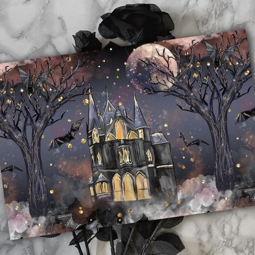 Haunted House  Spooky Full Moon Tree and Bats Tissue Paper