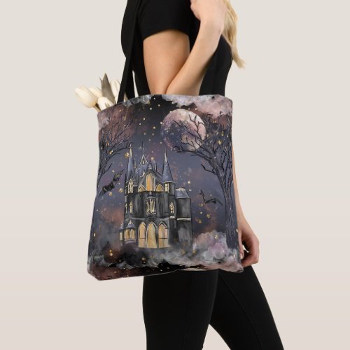 Haunted House  Spooky Full Moon Tree and Bats Tote Bag