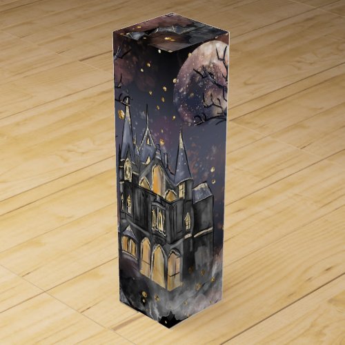 Haunted House  Spooky Full Moon Tree and Bats Wine Box