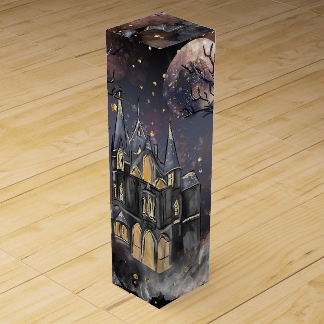 Haunted House | Spooky Full Moon Tree and Bats Wine Box (Front)