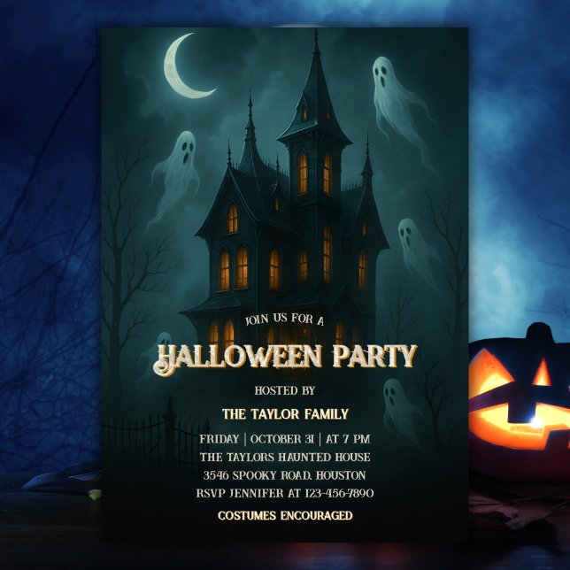 Haunted House Spooky Ghosts Halloween Party Invitation (Haunted House and Ghosts Halloween Party Invitation Spooky Full Moon Night Costume Party)