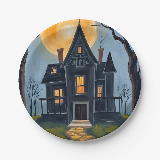 Haunted House | Spooky Halloween Party Paper Plates (Front)