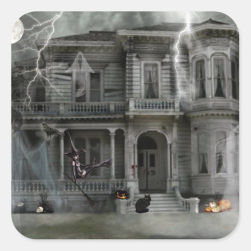 Haunted house square sticker