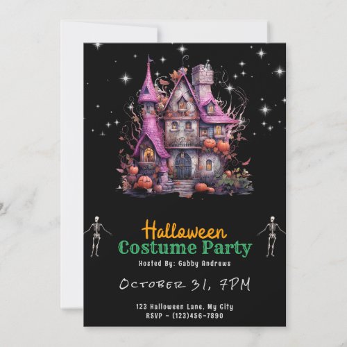 Haunted House Stars Pumpkins Black Halloween Invitation
