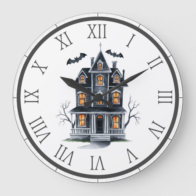Haunted House Tree and Bats Halloween Large Clock (Front)