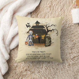 Haunted House Trick or Treat Scene Throw Pillow