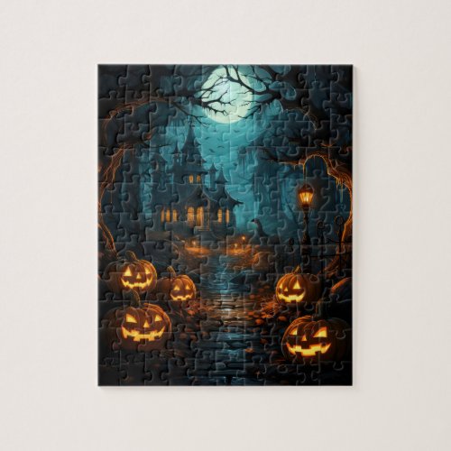 Haunted House Under Moonlit Halloween Jigsaw Puzzle