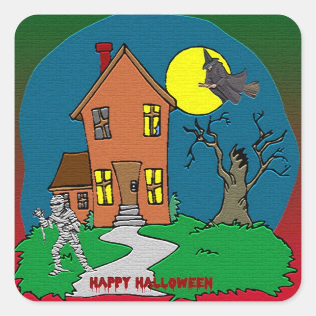 Haunted House, Witch and Mummy Sticker (Front)