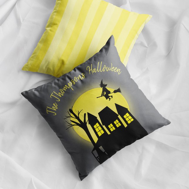 Haunted House Witch Moon Personalized Halloween Throw Pillow (Haunted house Halloween pillow with witch flying over moon and personalized family name decor.)