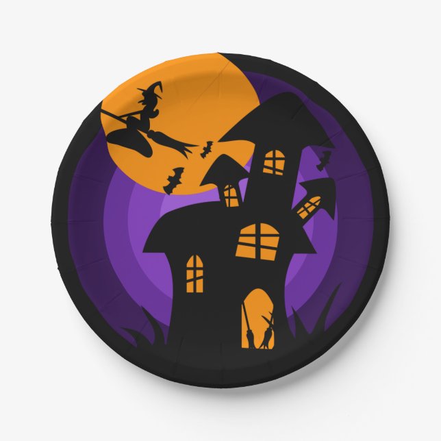 Haunted House Witch Purple Orange Halloween Party Paper Plates (Front)