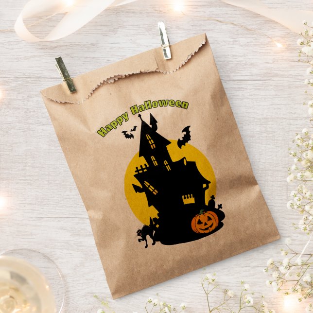 Haunted House with Bats Happy Halloween Favor Bag (Clipped)