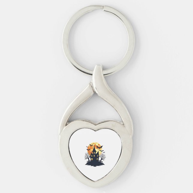 Haunted House with Bats – Spooky Halloween Tee Keychain (Front)