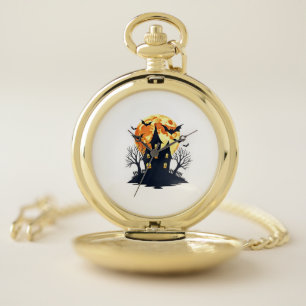 Haunted House with Bats � Spooky Halloween Tee Pocket Watch