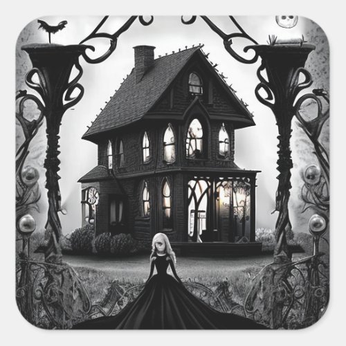 Haunted House with Creepy Ghost Lady Square Sticker