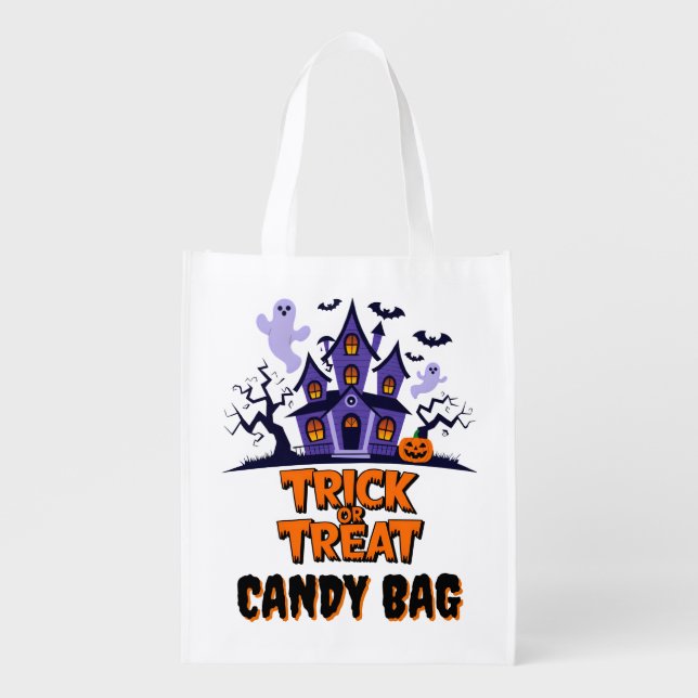 Haunted house with ghosts and bats grocery bag (Front)