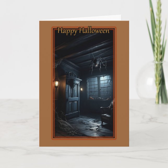 Haunted House with Giant Spider Halloween Card (Front)