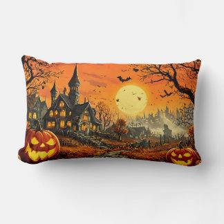 Haunted House With Jack-O'-Lanterns Lumbar Pillow