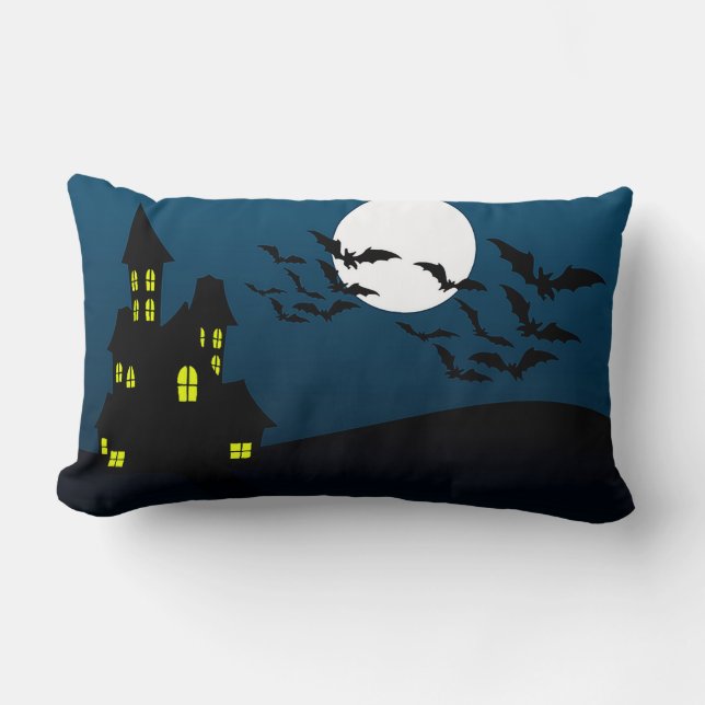 Haunted House With Jack-O'-Lanterns Lumbar Pillow (Front)
