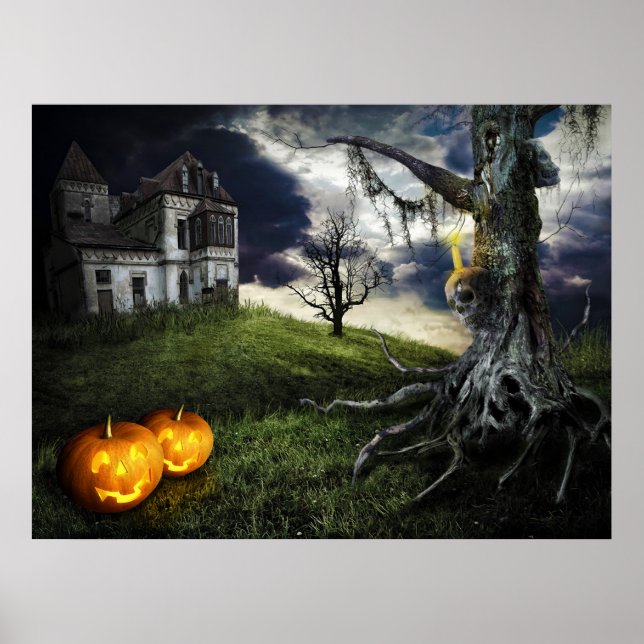 Haunted House with Jack O Lanterns On Halloween Poster (Front)