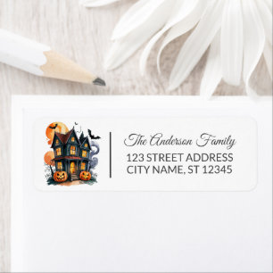 Haunted House with Pumpkins and Bats Halloween Label