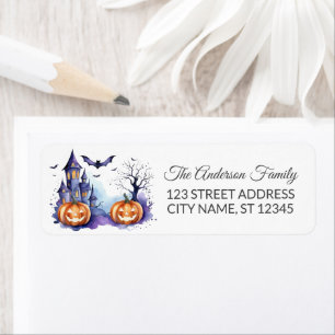 Haunted House with Pumpkins and Bats Halloween Label