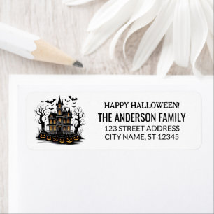 Haunted House with Pumpkins and Bats Halloween Label