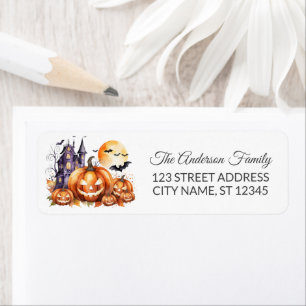 Haunted House with Pumpkins and Bats Halloween Label