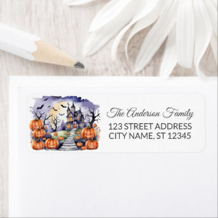 Haunted House with Pumpkins and Bats Halloween Label