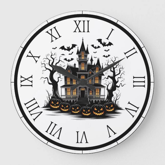 Haunted House with Pumpkins and Bats Halloween Large Clock (Front)