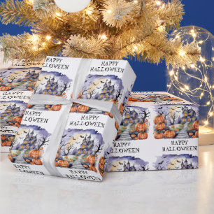 Haunted House with Pumpkins and Bats Halloween Wrapping Paper