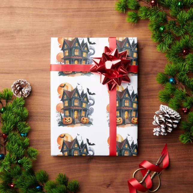 Haunted House with Pumpkins and Bats Halloween Wrapping Paper (Holiday Gift)