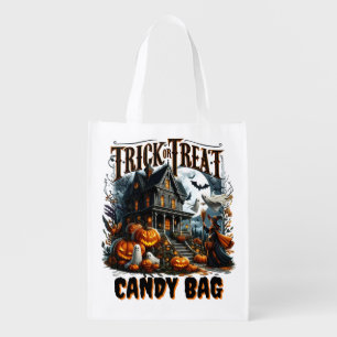 Haunted house with pumpkins for Halloween! Grocery Bag