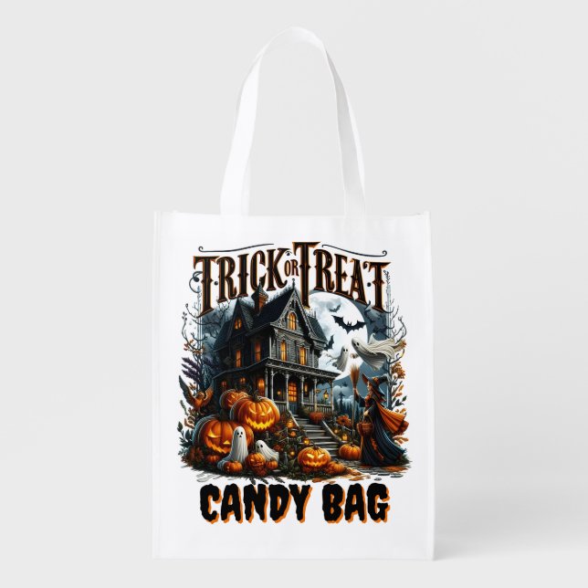 Haunted house with pumpkins for Halloween! Grocery Bag (Front)