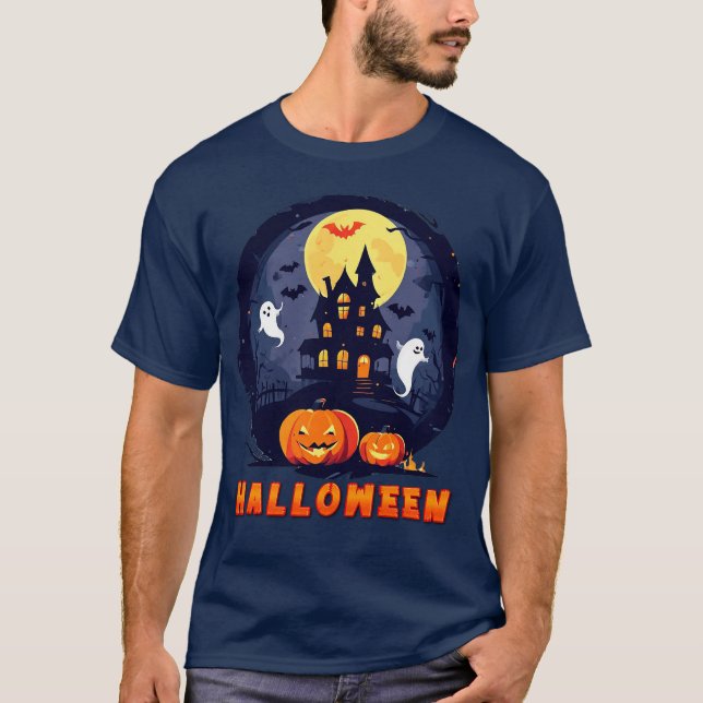 Haunted House with Pumpkins, Ghosts, and Full Moon T-Shirt (Front)