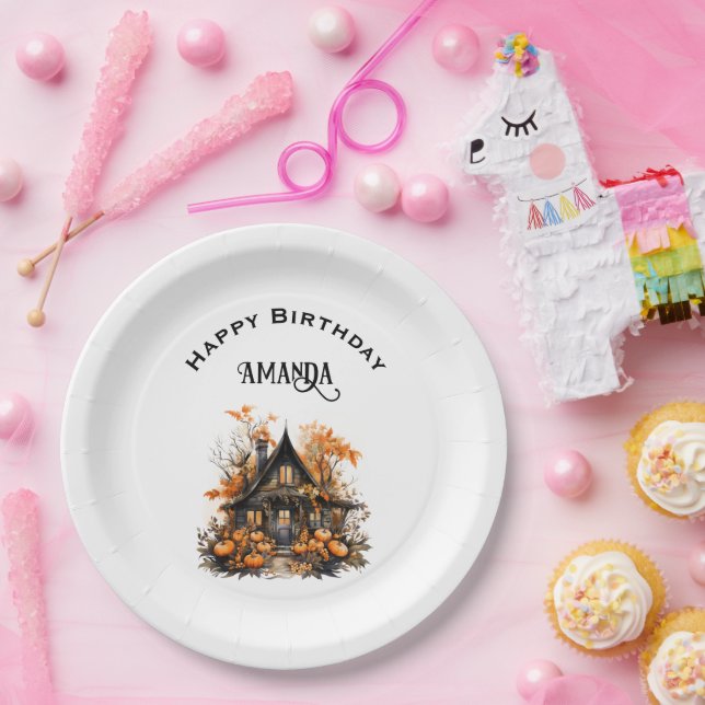 Haunted House with Pumpkins Halloween Birthday Paper Plates (Party)