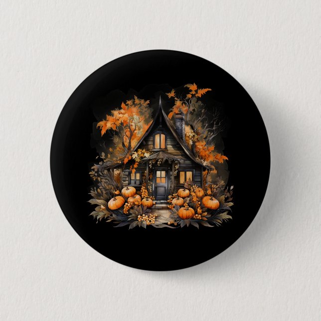 Haunted House with Pumpkins Halloween Button (Front)
