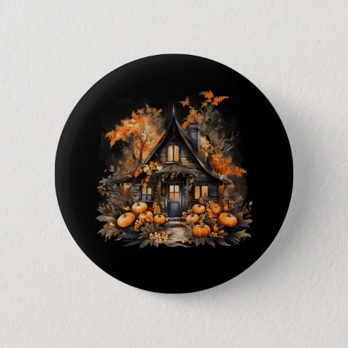 Haunted House with Pumpkins Halloween Button