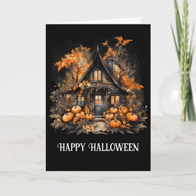 Haunted House with Pumpkins Halloween Card (Front)