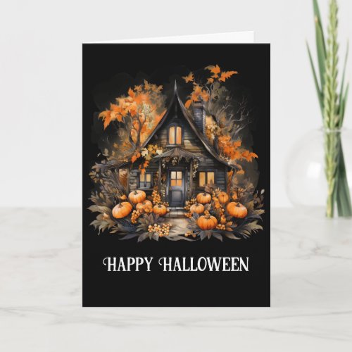 Haunted House with Pumpkins Halloween Card