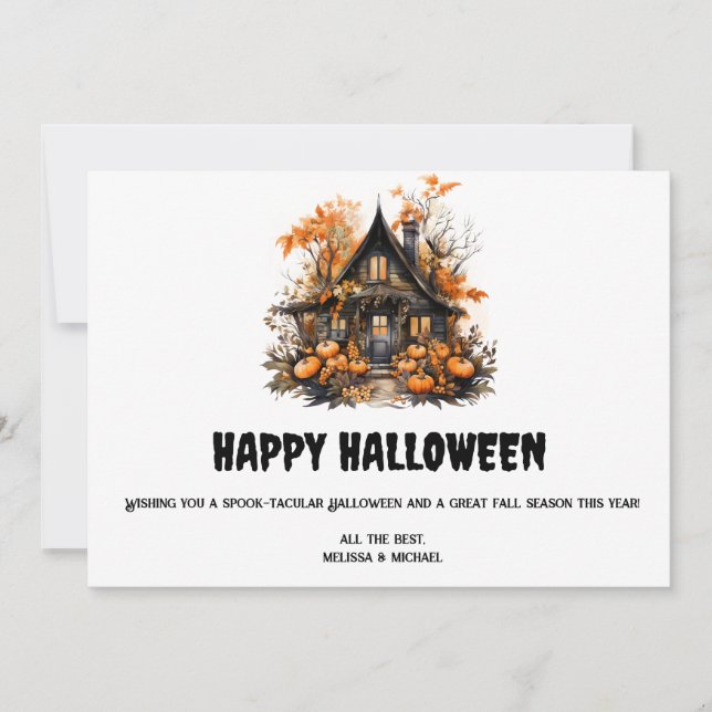 Haunted House with Pumpkins Halloween Holiday Card (Front)